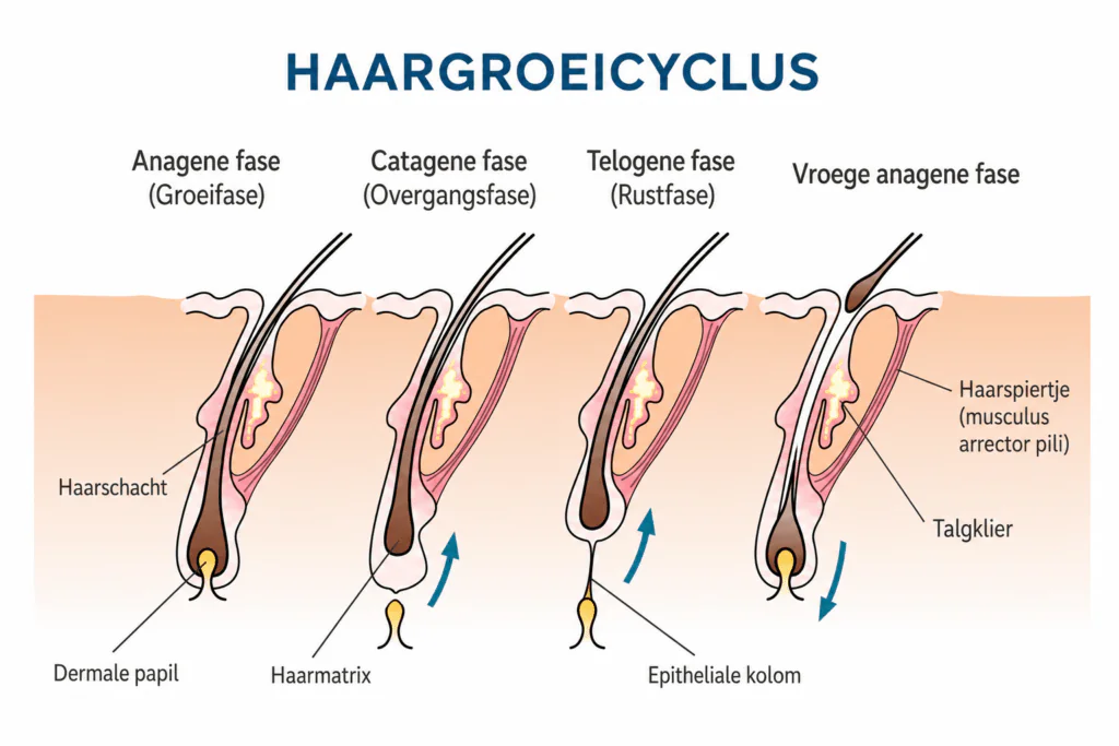 De haargroeicyclus met groeifase, overgangsfase, rustfase en uitvalfase
