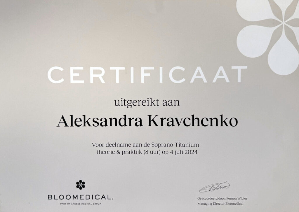Certificaat Training Soprano Titanium, theorie en praktijk (8 uur), Bloomedical / Alma Lasers, 4 jul 2024