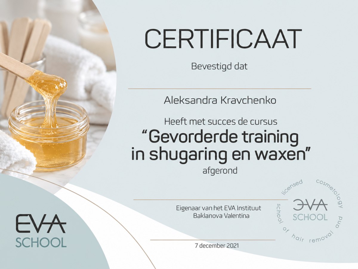 Certificaat Gevorderde training sugaring en waxen, 7 dec 2021